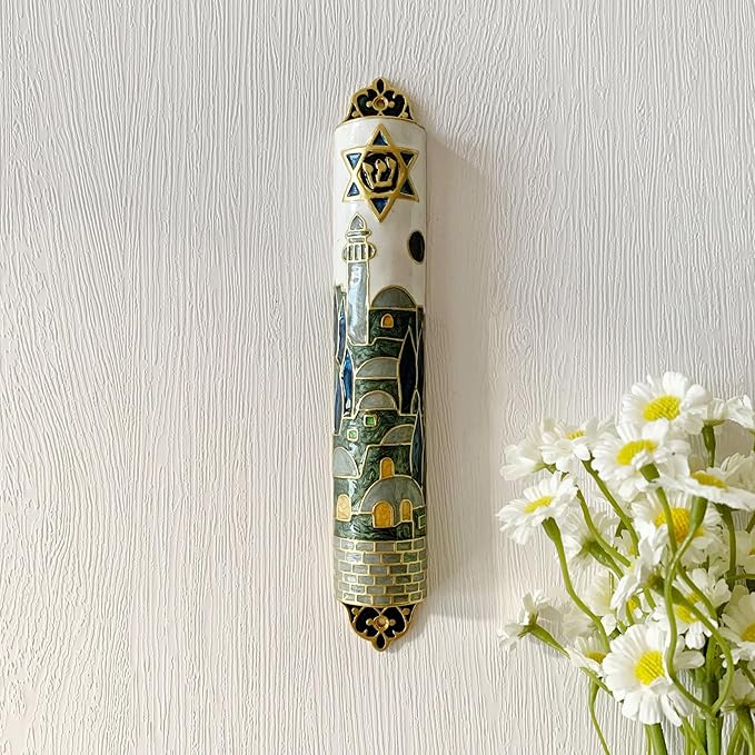 Hand Painted Mezuzah, Exquisite Enamel Mezuzah with Star of David and Jerusalem Motifs