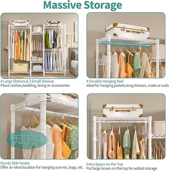 Heavy Duty Garment Rack, Portable Wardrobe Clothes Rack Freestanding Adjustable Clothing Rack with 7 Tiers Adjustable Wire Shelving and 4 Hanger Rods, Max Load 920LBS, White