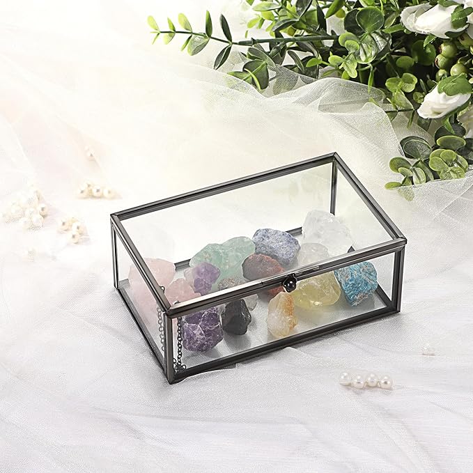 Hipiwe Vintage Glass Keepsake Box - Rectangle Jewelry Display Organizer with Lidded Box for Home Decor and Storage of Trinket Rings, Bracelet - Black, Small