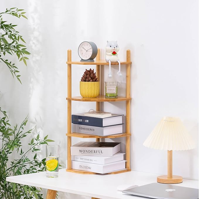 4-Tier Expandable Bamboo Corner Shelf - Dish/Plate Organizer for Cabinet, Kitchen Counter Shelf & Small Kitchen Shelf, Adjustable (Natural, 1-Pc 4-Tier)