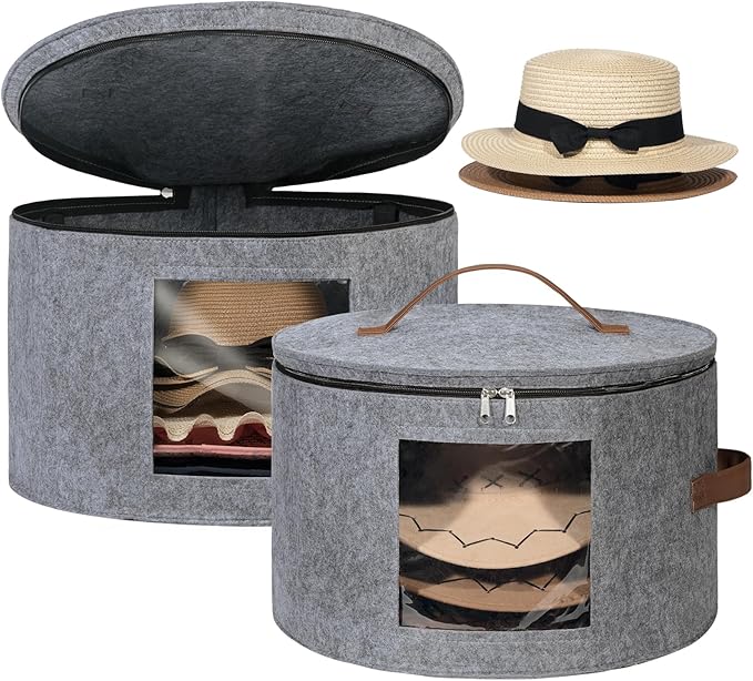 Lifewit Round Cowboy Hat Box for 7 Caps, Large Felt Hat Organizer Bag for Men&Women Storage, Baseball Cap Container with Lid for Travel, Foldable 16.5" Dx10.6 H Carrier, 37L Each, Gray 2 Pack