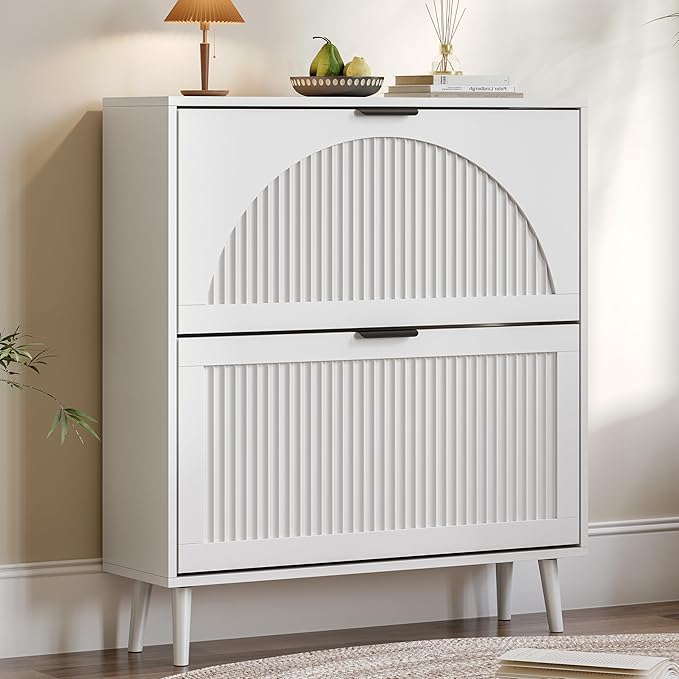 Shoe Cabinet for Entryway with 2 Flip Drawers, Slim Wooden Shoe Storage Organizer with Modern Fluted Pannel，Freestanding Narrow Hidden Shoe Rack for Hallway, Foyer, Living Room