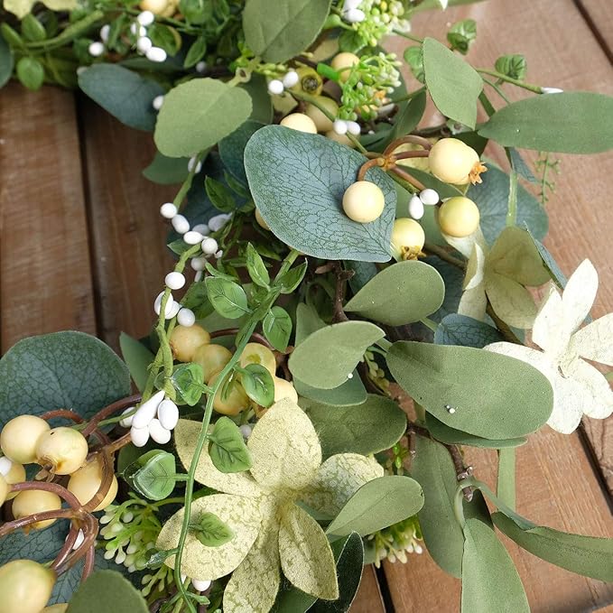 20Inch Artificial Eucalyptus Berry Wreath Green Leaf Eucalyptus Wreaths Spring Summer Wreath for Front Door Window Hanging Wall Party Decorations (20in)