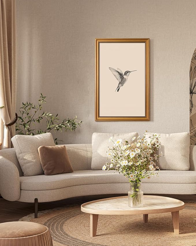 VIYYIEA Vintage Gold Framed Wall Art for Living Room, Birds Canvas Prints Home Decor, Sketch Painting Picture, Bedroom Wall Decor Gifts for Friends or Family -【Hummingbird】-(24L x 16W)