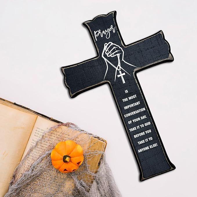 Cross Wall Decor - Black Scripture Wooden Cross For Wall - Gothic Wooden Hanging Signs Easter Decor for Home Office Church Baptism - Christian Gifts for Men Women (Prayer) - A09