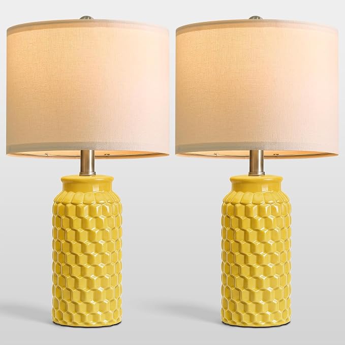 USumkky 20.5" Ceramic Table Lamps Set of 2 - Modern Farmhouse & Boho Style, Bedside Nightstand Lamps for Bedroom, Living Room End Table Lamps, Small Desk Lamp(Yellow)
