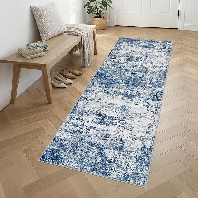 2.6'x10' Runner Rug Washable Rug: Modern Abstract Soft Thin Runner Rug Blue