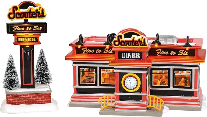 Department 56 Original Snow Village Scooter's Diner Lit Animated Buidling and Figurine Set, 6.1 Inch, Multicolor