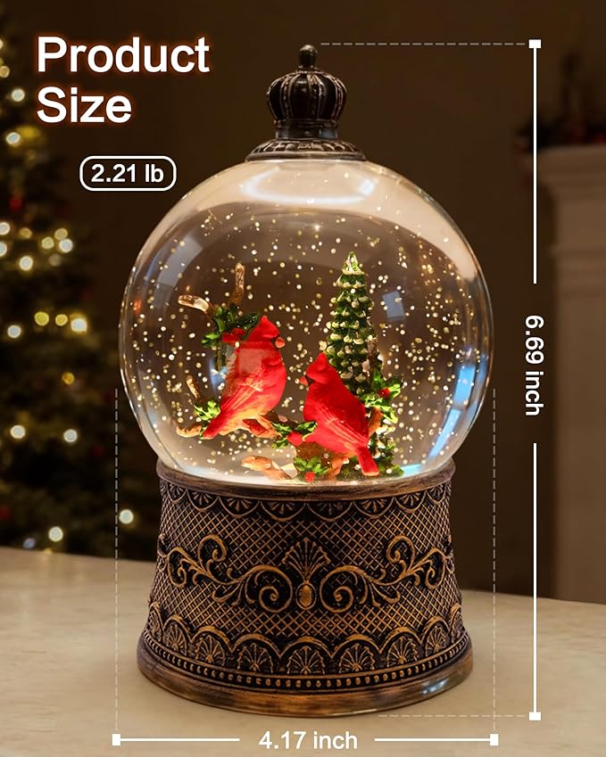 Christmas Cardinal Snow Globe Light up Lantern with 8 Songs, 6.99" Christmas Snow Globes for Kids Adults, 6H Timer & Dual Power, Snowglobes Christmas Decorations Indoor, Gifts for Women Men