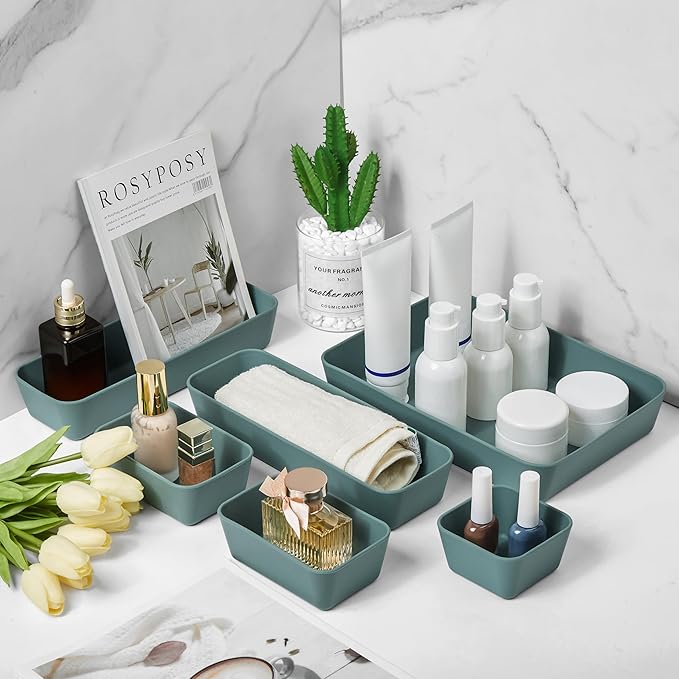 ISSEVE 8Pcs Nesting Silicone Drawer Organizer Trays, 4 Size Versatile Vanity Bathroom & Desk Drawer Organizer Set Storage Bins for Office,Kitchen,Nightstand,Green