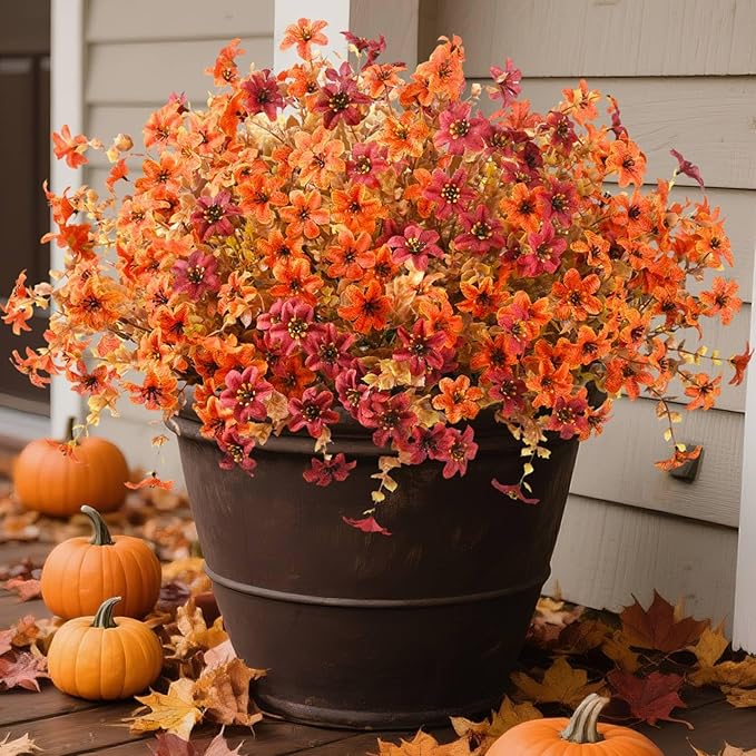 Homsunny Artificial Mums Fake Flowers for Outdoors Decoration, 12 Bundles Realistic Silk Daisy Faux Plants UV Resistant Decor for Home Garden Porch Patio Yard Balcony Window (Orange Brown)