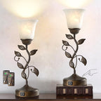 Set of 2 Touch Farmhouse Bedroom Table Lamps 2 USB C+A | Nightstand Vintage Flower Lamps, 3 Way Dimmable Leaf Lamp for Living Room with White Glass Shades, Bulbs Included