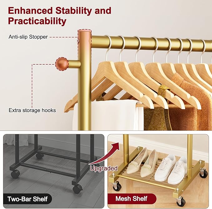 SLEEPING LAMB Small Clothes Racks for Hanging Clothes, Rolling Clothing Rack with Shelves, 60" Metal Garment Rack with Wheels Portable Wardrobe Rack for Small Space, Gold