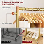 SLEEPING LAMB Small Clothes Racks for Hanging Clothes, Rolling Clothing Rack with Shelves, 60" Metal Garment Rack with Wheels Portable Wardrobe Rack for Small Space, Gold