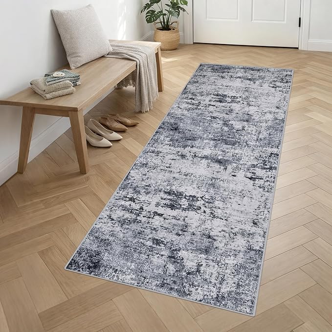 Washable Area Rug 3x10 Entryway Rug: Washable Modern Abstract Soft Thin Rug Indoor Floor No Slip Stain Resistant Carpet for Bedroom Dining Room Farmhouse Nursery Home Office - Grey