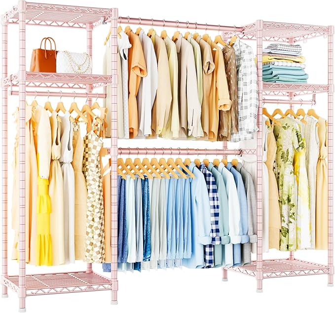 Ulif E7 Garment Rack, Heavy Duty Clothes Storage System with Extendable Hangers Rods, Metal Clothing Rack with 6 Wire Shelves, (52.3"-72") W x 14.5" D x 71.2" H, Load 838lbs, Pink
