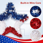 VeriNatural 4th of July Decorations - 19.5in Patriotic Red White and Blue Star Wreath - Independence Day Tinsel Wreath for Indoor Outdoor,Golf Cart, Party,Door and Wall Hanging Decor