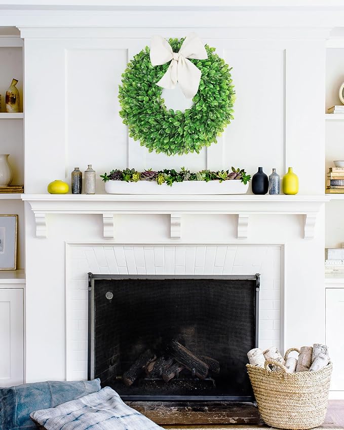 Vlorart 24 Inch Faux Round Boxwood Wreath, Weatherproof Front Door Large Wreaths Artificial Spring Summer Greenery Wreath with Sash for Farmhouse Wedding Year Round Indoor and Outdoor