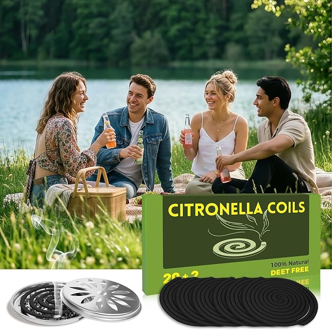 FIRIK Citronella Coils Outdoor, 20 PCS Citronella Incense Coil with 2 Incense Burner and 2 Coil Holders, Natural Lemongrass Coils for Patio Camping Farms Courtyards Backyard Garden BBQ Indoor, Black