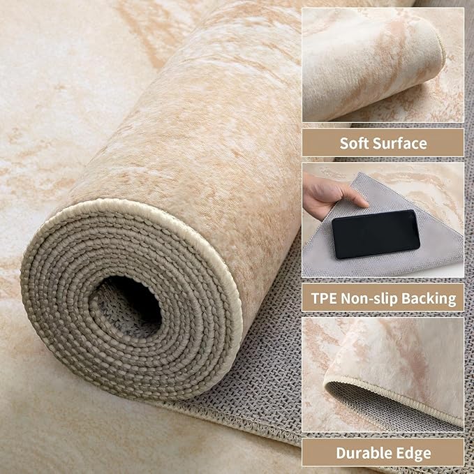 Ciicool Abstract Area Rug Indoor, 5x7 Washable Entryway Rug, Modern Soft Throw Entry Rug with Non-Slip Backing for Bedroom Living Room Entrance, Low-Pile Floor Carpet Doormat Light Brown Beige
