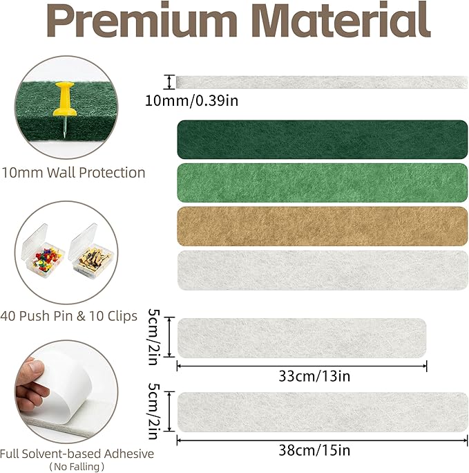 Cork Board for Walls - 8 Pack Felt Pin Board Bar Strips - Self-Adhesive Lightweight Bulletin Board - Cork Board for Office with 40 Push Pins No Damage for Wall