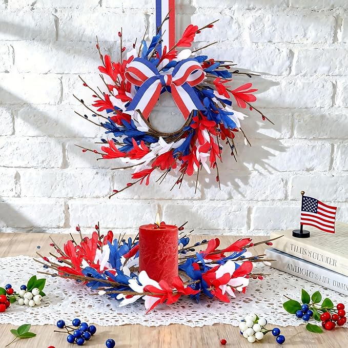 6 PCS Mini 4th of July Patriotic Kitchen Cabinet Wreaths Small Red White and Blue Floral Swag Wreath for Front Door with Forsythia Flowers Independence Day Hanging Wreaths for Memorial Day Porch Wall
