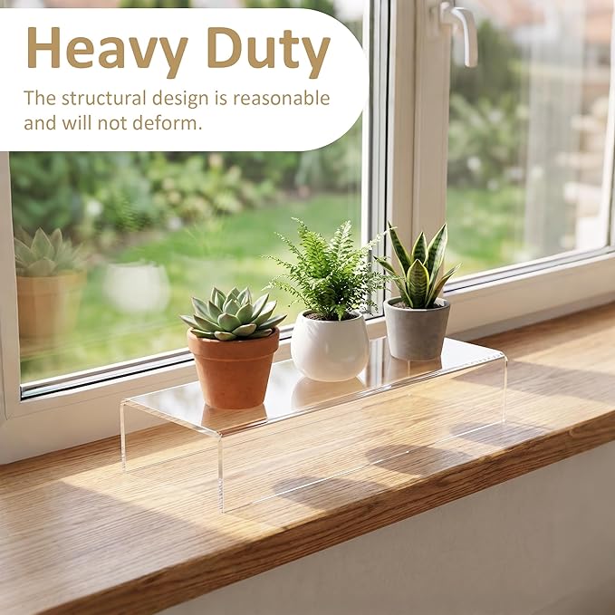 Acrylic Shelf Riser 15x4.3x2 pack of 2, Clear Display Shelf 10” for Figure, Cosmetics, Bags, Shoes, Toys, Collectibles, 15x4.3x2 Inch