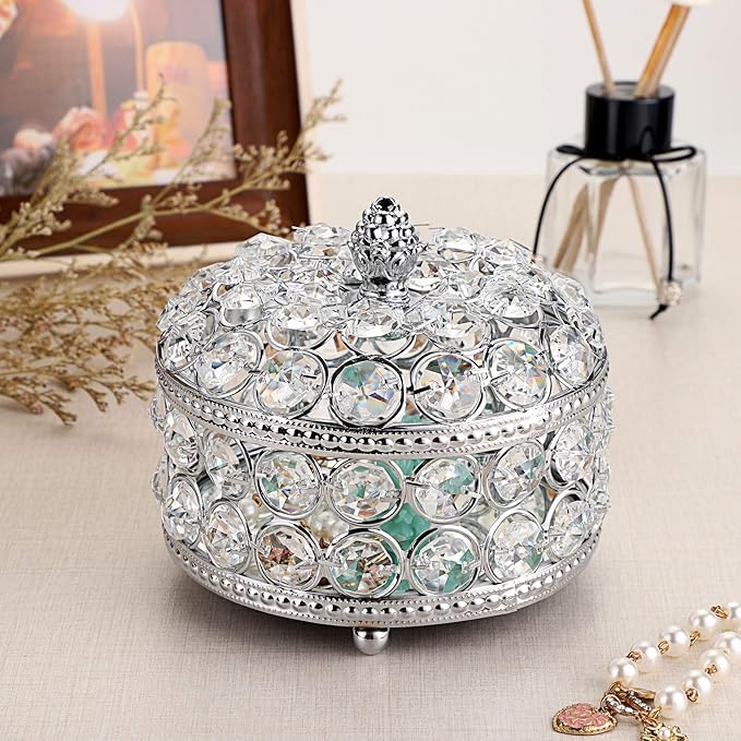 Hipiwe Crystal Mirrored Jewelry Box - Jewelry Trinket Organizer Treasure Box Home Decor Ring Earrings Necklace Storage Holder Chest Keepsake Box,Birthday Christmas Gift for Women, Large