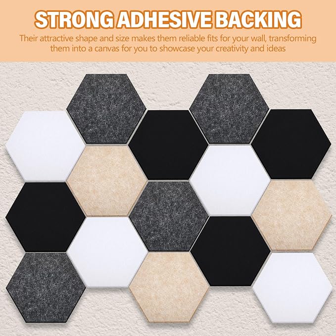 Mindsoft 16 Pcs Hexagon Cork Board for Walls with 50 Wooden Push Pins 6.7 x 5.9 in Felt DIY Tiles Notice with Nano Tape Hanging Bulletin Board for Home Photo Office Memo Note(Classic Colors)