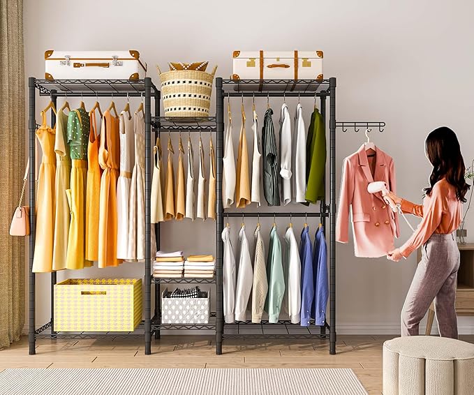 Heavy Duty Garment Rack, Portable Wardrobe Clothes Rack Freestanding Adjustable Clothing Rack with 7 Tiers Adjustable Wire Shelving and 4 Hanger Rods, Max Load 920LBS