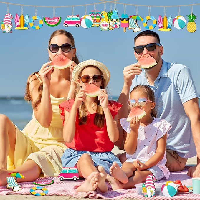 Geelin 36 Pcs Summer Wood Hanging Ornaments for Tree Mini Tree Decorations Hawaiian Beach Wooden Pendant Decorations with String for Luau Party Supplies(Cute Style)