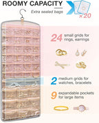 BAGSMART Hanging Jewelry Organizer, Necklace Holder Anti-tangle Earrings Rings Hanger with 20 Jewelry Bags Travel Storage Roll with Pockets Hang on Closet, Wall, Door,1 Piece, Large Grey