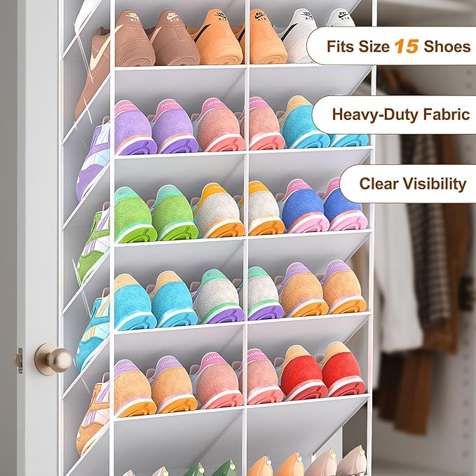 20-30 Pairs Over the Door Shoe Organizer, Clear Pockets Hanging Shoe Storage for Closet, 10-Tier Door Shoes Rack, Handing Shoes Holder Fit All the Family's Sneakers, Boots, Heels, Light Grey