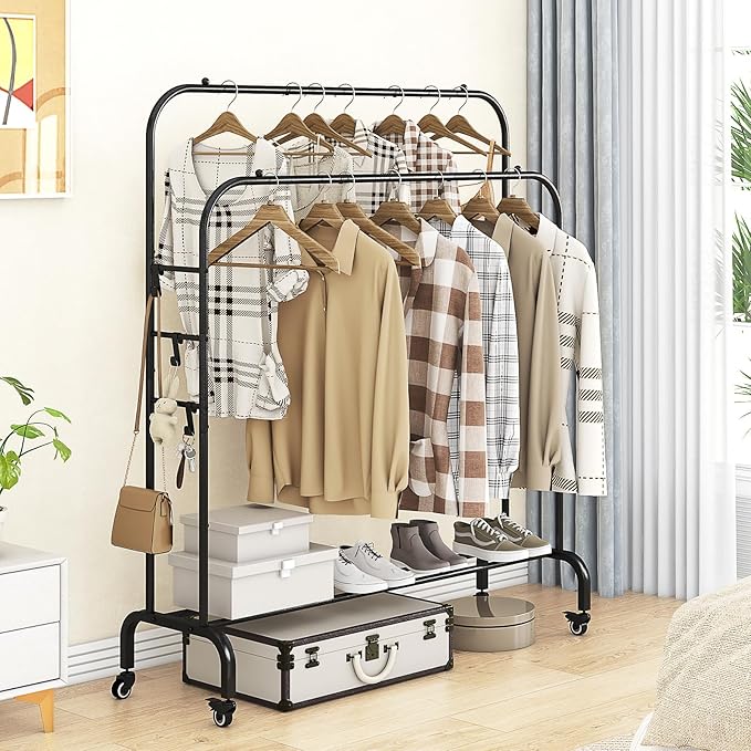 SUOERNUO Garment Rack with Wheels Clothing Rack for Hanging Clothes Multi-functional Bedroom Clothes Rack，Black+Double RodsBlack