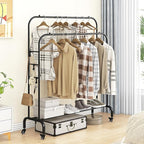 SUOERNUO Garment Rack with Wheels Clothing Rack for Hanging Clothes Multi-functional Bedroom Clothes Rack，Black+Double RodsBlack
