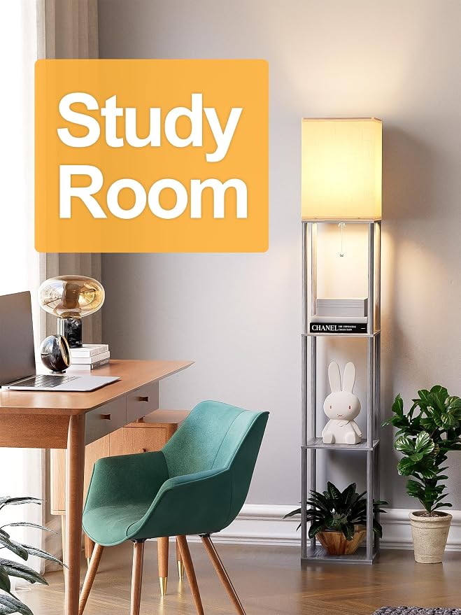 Floor Lamp with Shelves for Living Room, Shelf Floor Lamp with 3 CCT LED Bulb, Corner Display Standing Column Lamp Etagere Organizer Tower Nightstand with White Linen Shade for Bedroom, Dark Gray