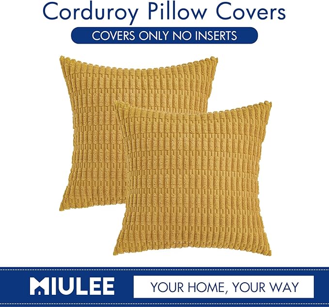 MIULEE Pack of 2 Corduroy Decorative Throw Pillow Covers 18x18 Inch Soft Boho Striped Pillow Covers Modern Farmhouse Home Decor for Summer Sofa Living Room Couch Bed Yellow
