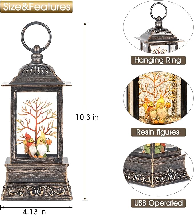 Fall Snow Globe Decorations, Glitter Gnome Lantern with 6H Timer, USB/Battery Powered Lighted Décor for Home, Tabletop, Gift Box