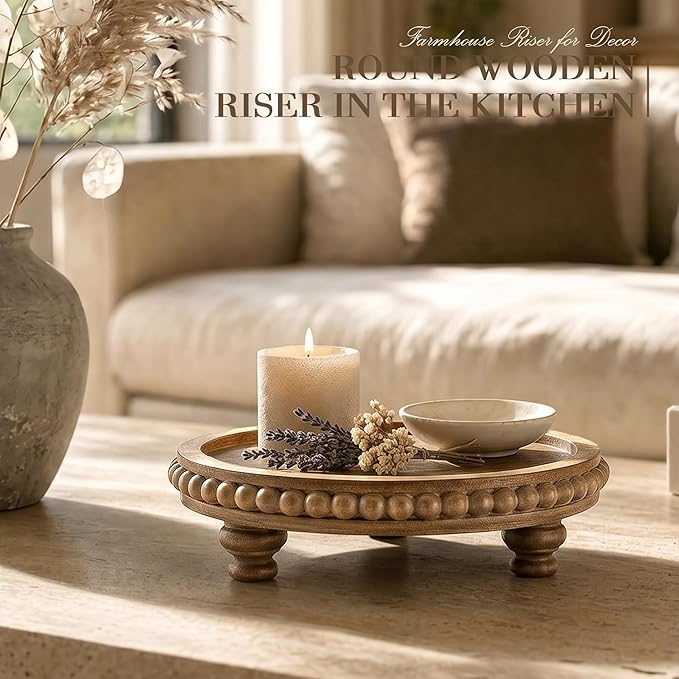 EOSAHR Pine Round Wood Riser for Room Decor – Retro Beaded Pedestal Tray for Plant Stand, Perfume Organizer, Cake Stand – Farmhouse Boho Bathroom & Kitchen Counter Accent(Brown)