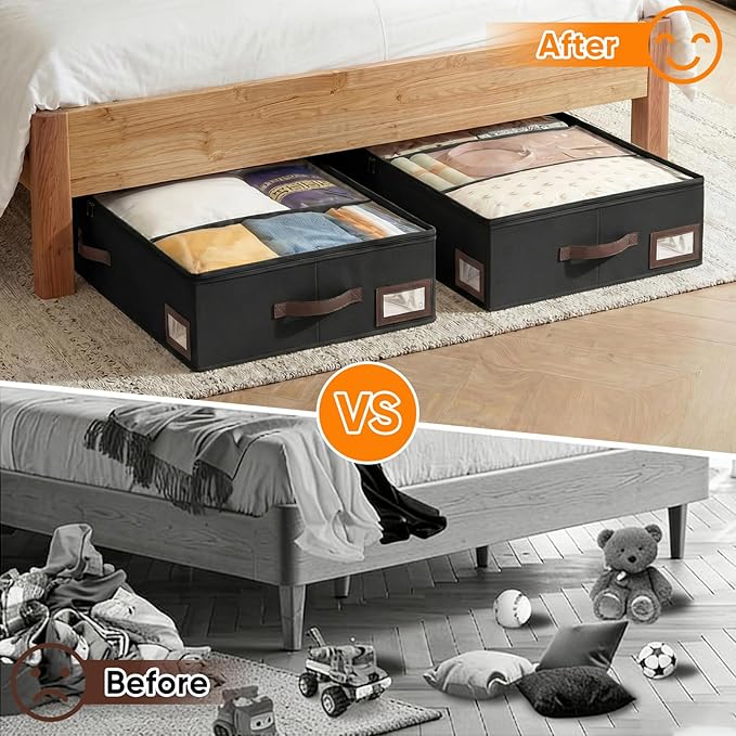 OIAHOMY 2 Pack Under Bed Storage, 6 Inch High Under Bed Storage Containers with Adjustable Dividers, Dual Zippers, &Clear Lid, 53L Under Bed Drawers For Clothes, Blankets, Clothing, & Shoes, Black