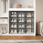 NEWBULIG 12 Pack Clear Shoe Storage Boxes, Shoe Organizer for Closet with Lid, Plastic Stackable Breathable Shoe Cabinet with Lid for Sneakers, Heels & Boots, Black