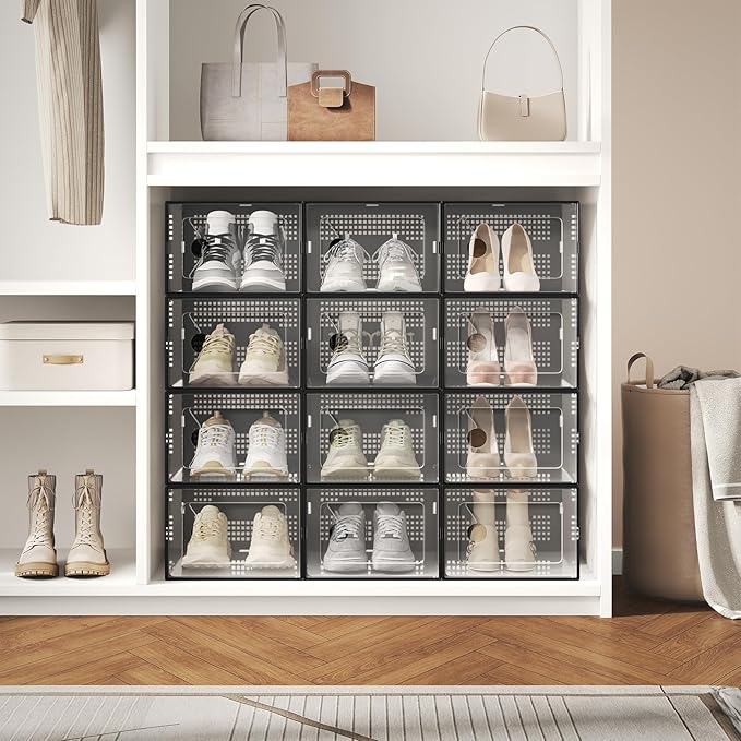 NEWBULIG 12 Pack Clear Shoe Storage Boxes, Shoe Organizer for Closet with Lid, Plastic Stackable Breathable Shoe Cabinet with Lid for Sneakers, Heels & Boots, Black