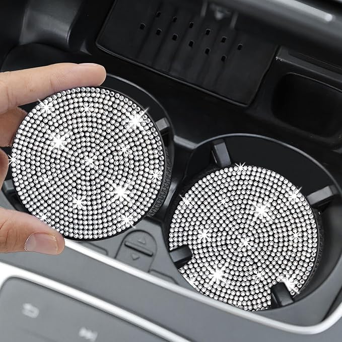 COCASES 4 Pack Bling Car Coasters, Car Cup Holder Coaster, Rhinestone Coaster for Cup Holders, Silicone Car Coasters for Women Car Interior Accessories (2.75'' White Crystal Circle)