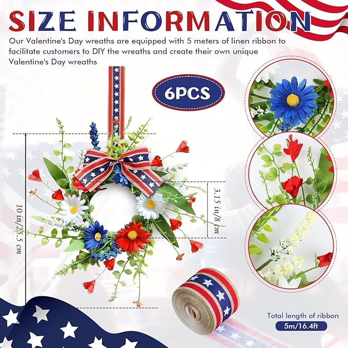 6 Pcs Mini Patriotic American Kitchen Cabinet Wreaths Small 4th of July Floral Swag Wreath for Front Door with Ribbon Daisy July Independence Day Hanging Wreath for Porch Wall Farmhouse Decor