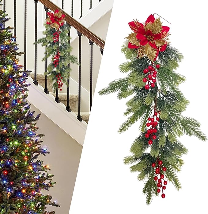 Fancyes Artificial Christmas Swag Greenery Wreath Decorative Prop Door Swag Staircase Decoration for Stairs New Year