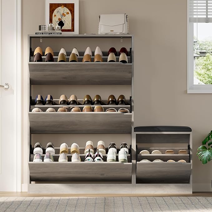 Shoe Cabinet with Bench and 3 Flip Drawers, Slim Narrow Shoe Storage Cabinet, Freestanding Shoe Rack Organizer with Adjustable & Removable Shelves, Anti-Tip for Entryway, Hallway, Foyer
