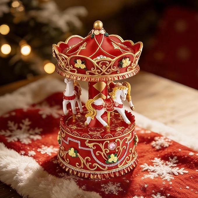 Christmas Carousel Music Box with Lights, Rotating Wind Up Musical Merry-Go-Round Figurine, Hand Painted Holiday Collectible Decor, Plays Jingle Bells, Gift for Kids, Girls, Women