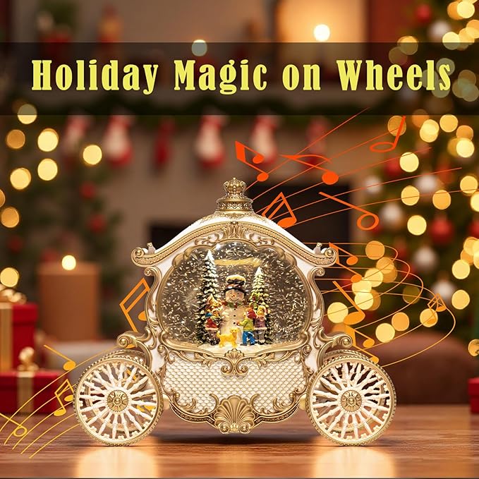 Christmas White Carriage Snow Globe Lantern with Gift Box - Snowman Scene Water Lantern with Glitter Snow - Musical Holiday Decor with LED Light - Battery Or USB Powered Operated (White with gold)