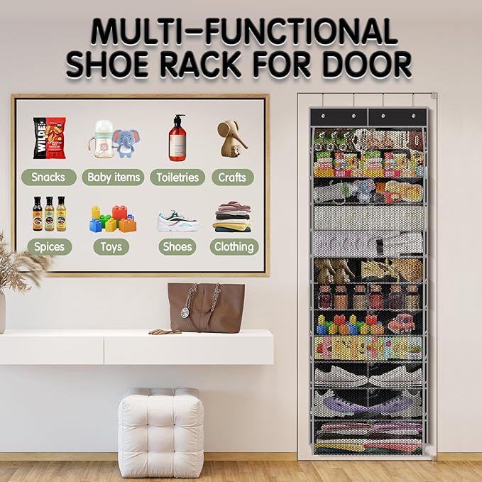 Over The Door Shoe Organizer with 12 Large Breathable Pockets - Durable Hanging Storage for the Entire Family's Shoes (Black)