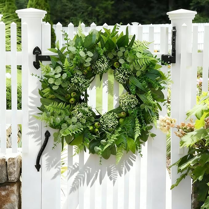 24 Inch Artificial Greenery Wreath for Front Door - Green Wreath with Eucalyptus and Fern Leaves, Spring Summer Fall Winter Eucalyptus Wreaths, Indoor Outdoor Wreath for Farmhouse Outside Year Round